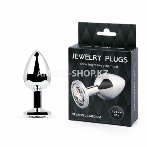 SILVER PLUG MEDIUM (втулка анальная), L 82 мм, D 34 мм, вес 90г, цвет кристалла бесцветный, арт. SM- 1